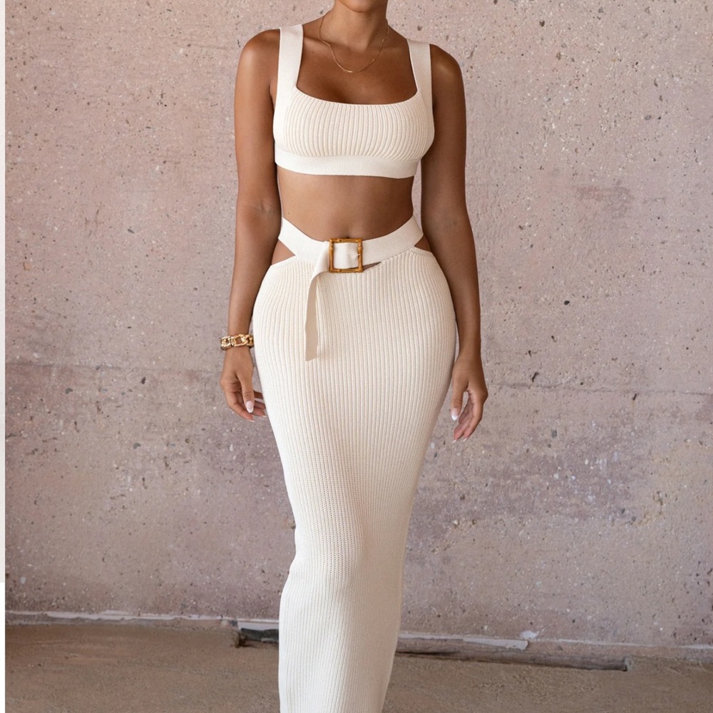 JLUXLABEL Cream Ribbed Midi Skirt Set - Picture 2 of 4